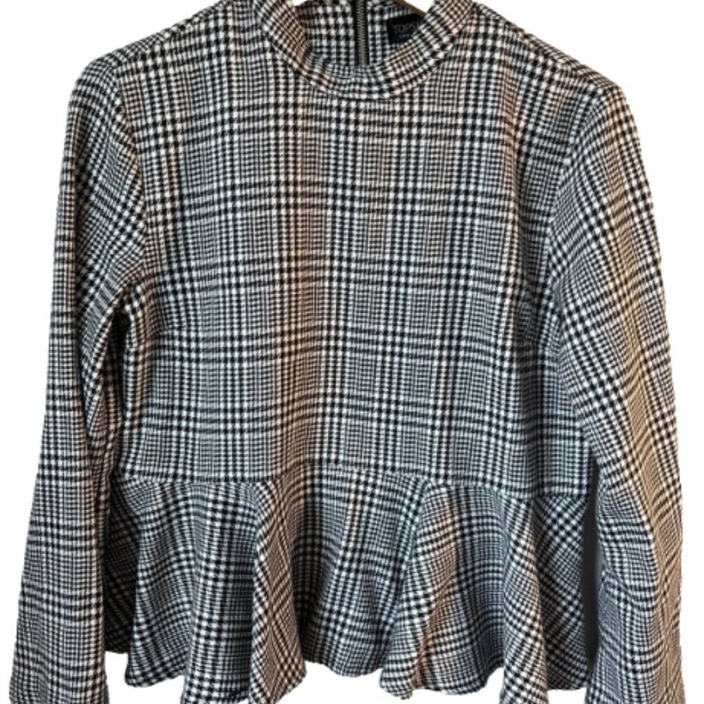 Topshop black white houndstooth peplum top size 10. Academia Prep Staple Office